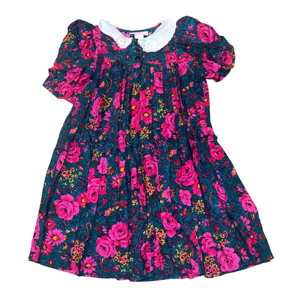 Vintage Dorissa Girls Dress Pink Teal Eyelet Collar Size 6X Buttons Peter Pan